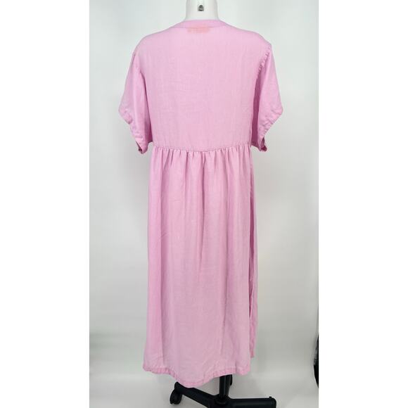 Oliphant 100% Linen Shift Dress Womens Medium Pink V Neck Midi Lagenlook Cottage - Picture 3 of 10
